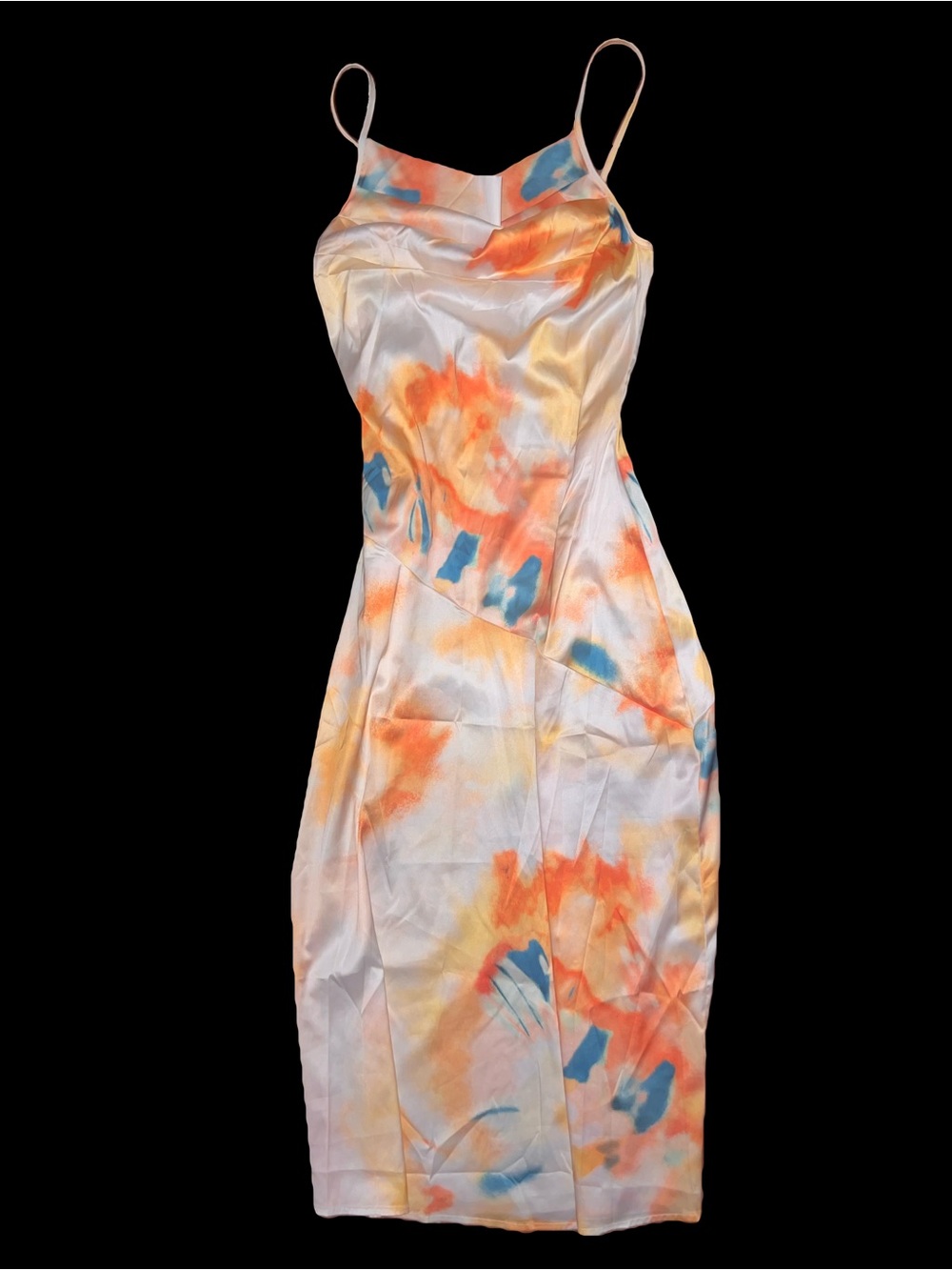 SHEIN White Satin Midi Slip Dress with Orange & Blue Watercolor
